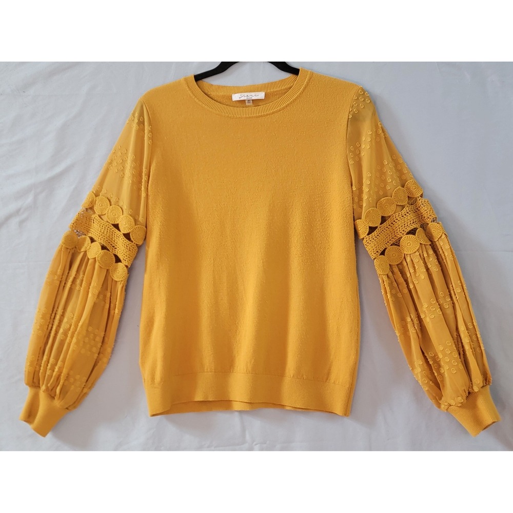 Siani Milano Mustard Crochet Lace Balloon Boho Sleeve Knit Sweater Womens M